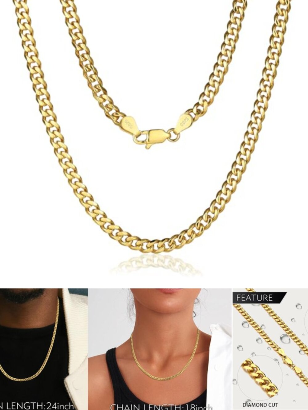 18k Gold Plated 925 Sterling Silver Cuban Link Chain Necklace 4mm Unisex